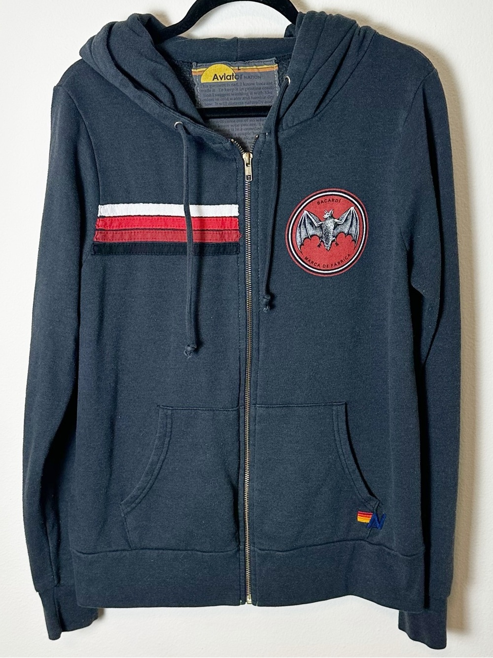 Aviator Nation Bacardi Stripe Full Zip Hoodie Charcoal Grey Red Large